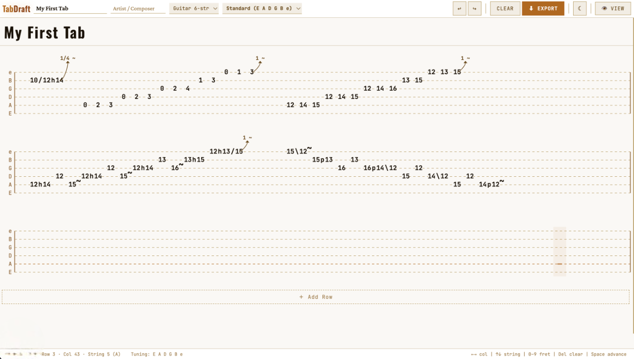 TabDraft editor showing expressive techniques like bends, slides, and hammer-ons.